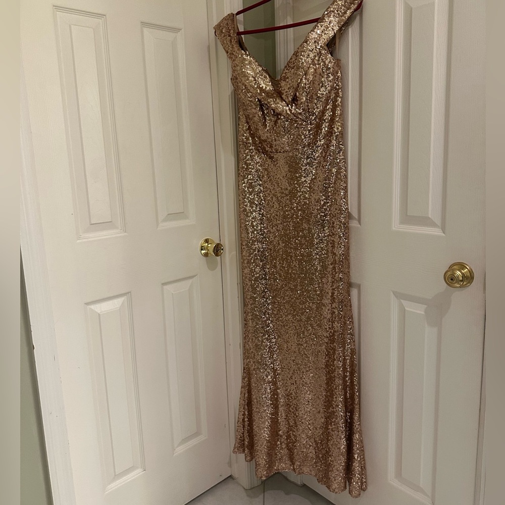 Revelry Bardot Rose Gold dress